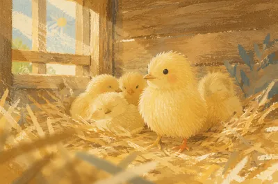 Fluffy Yellow Baby Chicks in Straw