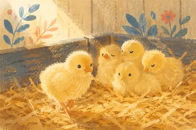 Fluffy Yellow Baby Chicks on Straw