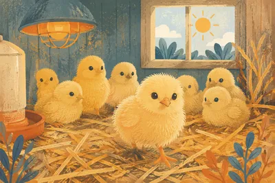 Fluffy Yellow Baby Chicks in Straw