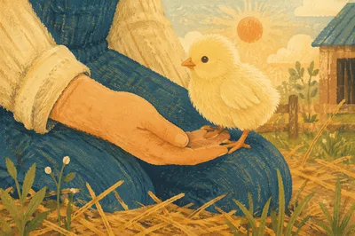 Tender Baby Chick on Farm Hand