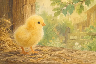 Fluffy Yellow Baby Chick on Farm Straw