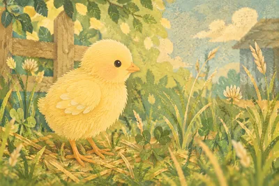 Fluffy Yellow Baby Chick in Farm Grass
