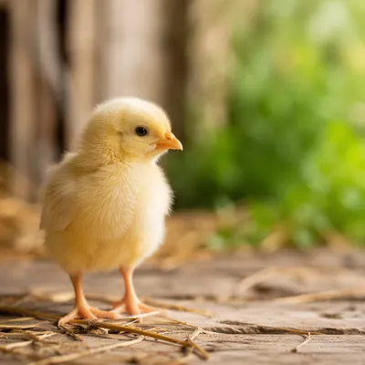 Fluffy Yellow Baby Chick on Farm Straw