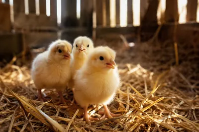 Three Fluffy Yellow Chicks on Straw