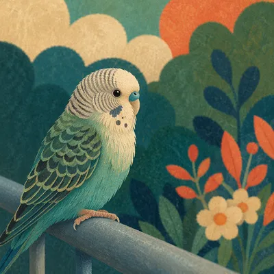 Colorful Parakeet Close-Up on Garden Perch