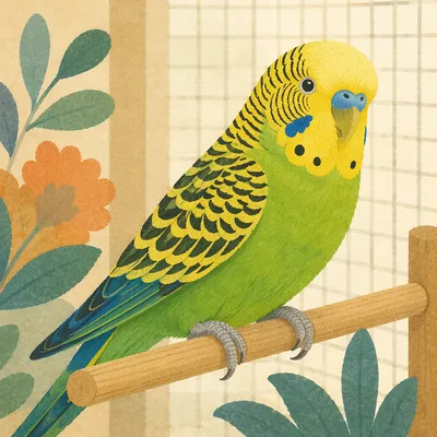 Colorful Parakeet Close-Up on Wooden Perch