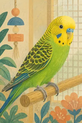 Colorful Parakeet Close-Up on Wooden Perch