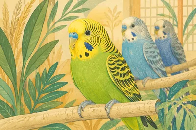 Colorful Parakeets on Natural Perch Close-Up