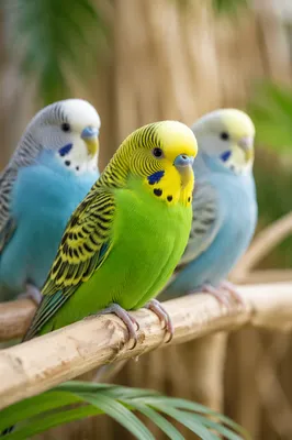 Colorful Parakeets Perched in Soft Aviary Light