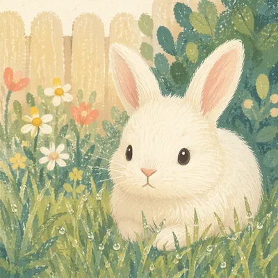 Cute White Bunny in Morning Garden