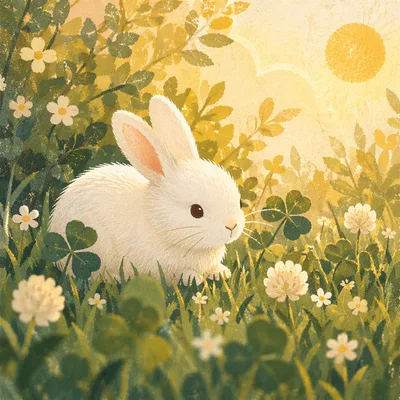Cute White Bunny in Spring Grass