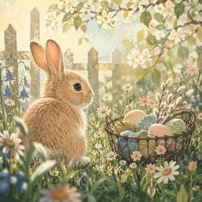 Cute White Bunny in Spring Meadow