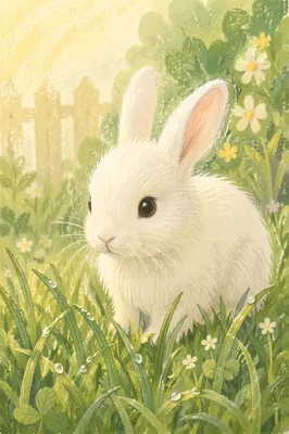 Cute White Bunny in Spring Grass