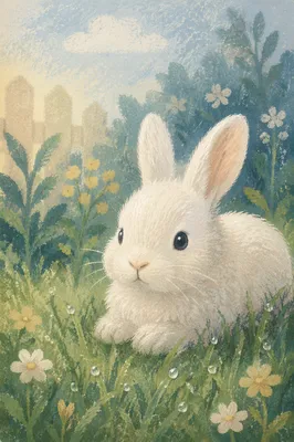 Cute White Bunny in Garden Grass