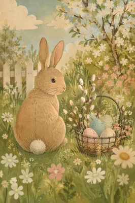 Cute White Bunny in Spring Meadow