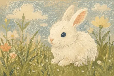 Cute White Bunny in Spring Grass