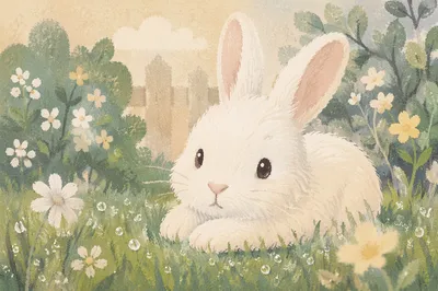 Cute White Bunny in Morning Grass