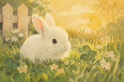 Cute White Bunny in Spring Grass