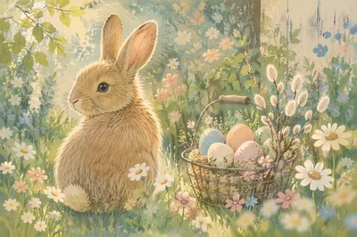 Cute White Bunny in Spring Meadow