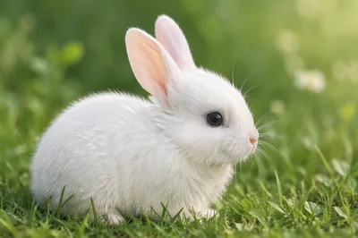 Cute White Bunny Resting on Grass