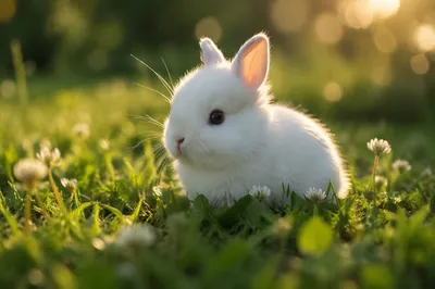Fluffy White Bunny in Spring Grass
