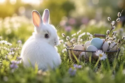 Cute White Baby Rabbit in Spring Meadow