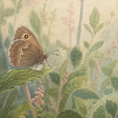 Brown Meadow Butterfly on Wildflower Leaf