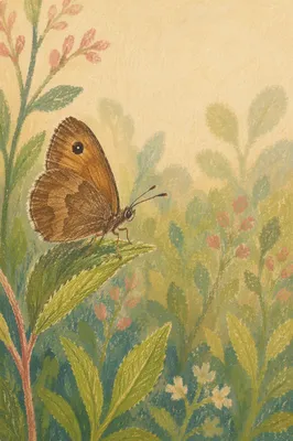 Brown Meadow Butterfly on Wildflower Leaf