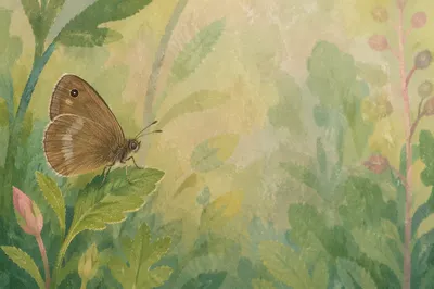 Brown Meadow Butterfly on Wildflower Leaf