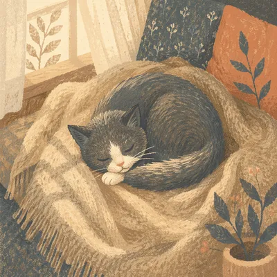 Curled Sleeping Cat on Cozy Blanket
