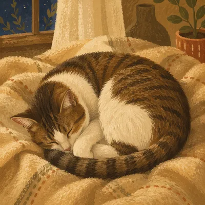 Curled Sleeping Tabby Cat on Cozy Blanket