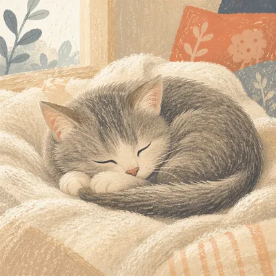 Cozy Sleeping Cat on Cream Blanket