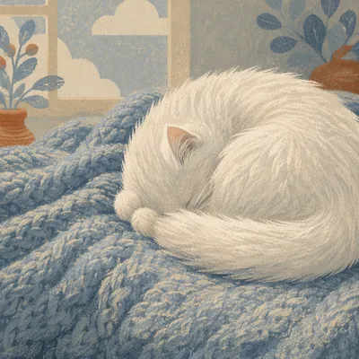 Cozy White Cat Sleeping on Blanket