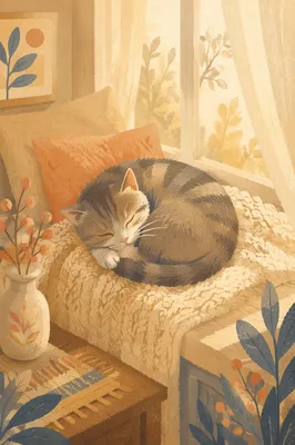 Curled Sleeping Cat on Cozy Blanket