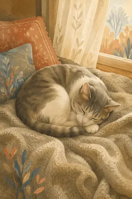 Curled Sleeping Cat on Cozy Blanket