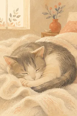 Cozy Sleeping Cat on Cream Blanket