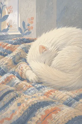Cozy White Cat Sleeping on Knit Blanket