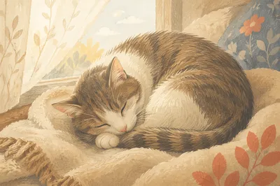 Cozy Curled Cat on Soft Blanket