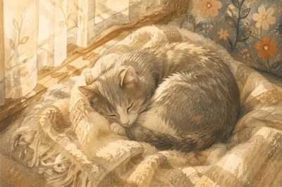 Curled Sleeping Cat on Cozy Blanket