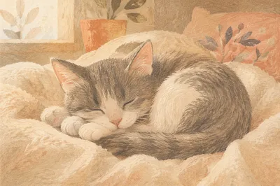Cozy Curled Cat on Cream Blanket