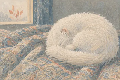 Curled White Cat on Cozy Blanket