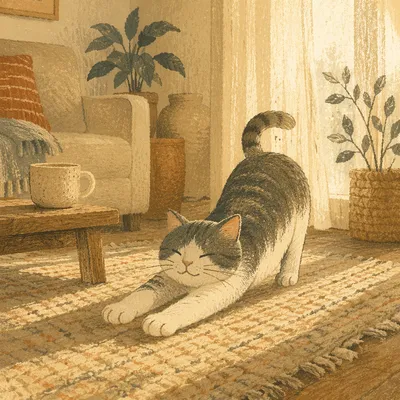 Cozy Morning Cat Stretch in Sunlight
