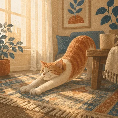 Cozy Morning Cat Stretch in Sunlight