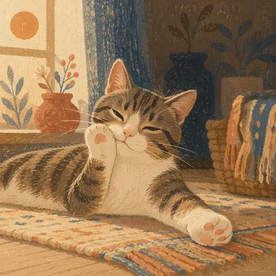 Cozy Morning Cat Stretching on Woven Rug