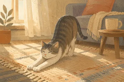 Cozy Morning Cat Stretching on Woven Rug