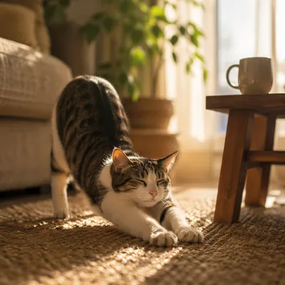 Cozy Cat Stretching in Morning Sunlight
