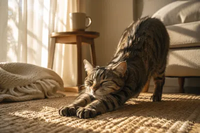 Cozy Morning Cat Stretch in Sunlight