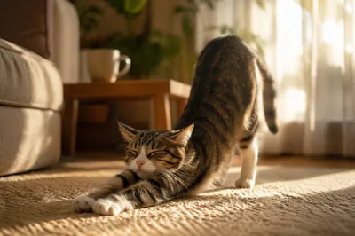 Cozy Cat Stretching in Morning Sunlight