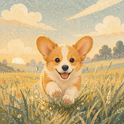 Joyful Corgi Puppy Racing Through Morning Meadow