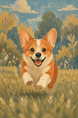 Joyful Corgi Puppy Running Through Summer Grass